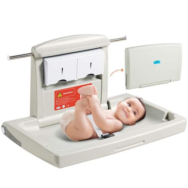 Wall-Mounted Baby Changing Station Horizontal Foldable Diaper Change Table Safety Straps and Hanging Rods