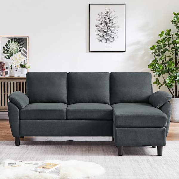 STICKON 79.53 in. W Pillow Top Arm Fabric L-Shaped Sectional Sofa 3-Seats in Dark Grey