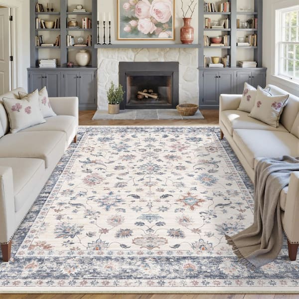Mystery Garden Blue 8 ft. x 10 ft. Distressed Vintage Floral Washable Area Rug