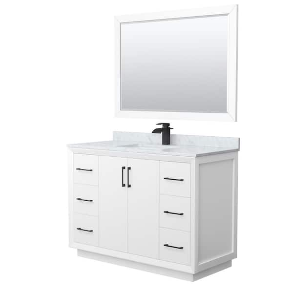 Wyndham Collection Strada 48 in. W x 22 in. D x 35 in. H Single Bath Vanity in White with White Carrara Marble Top and 46 in. Mirror