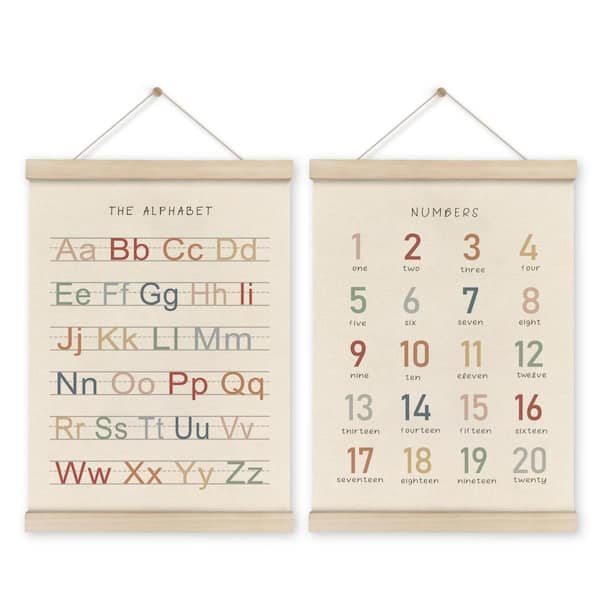 Angel Sar 2-Piece 12 in. x 16 in. Alphabet and Number Poster Wall Art Hanger with Wooden Frame for Toddler Playroom, Natural