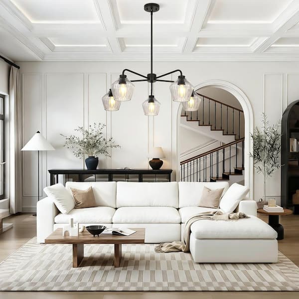 Lume 30 in. 5-Light Modern Mid-Century Black Cylinder Chandelier with Clear Ribbed Glass for Kitchen Island Dining Room