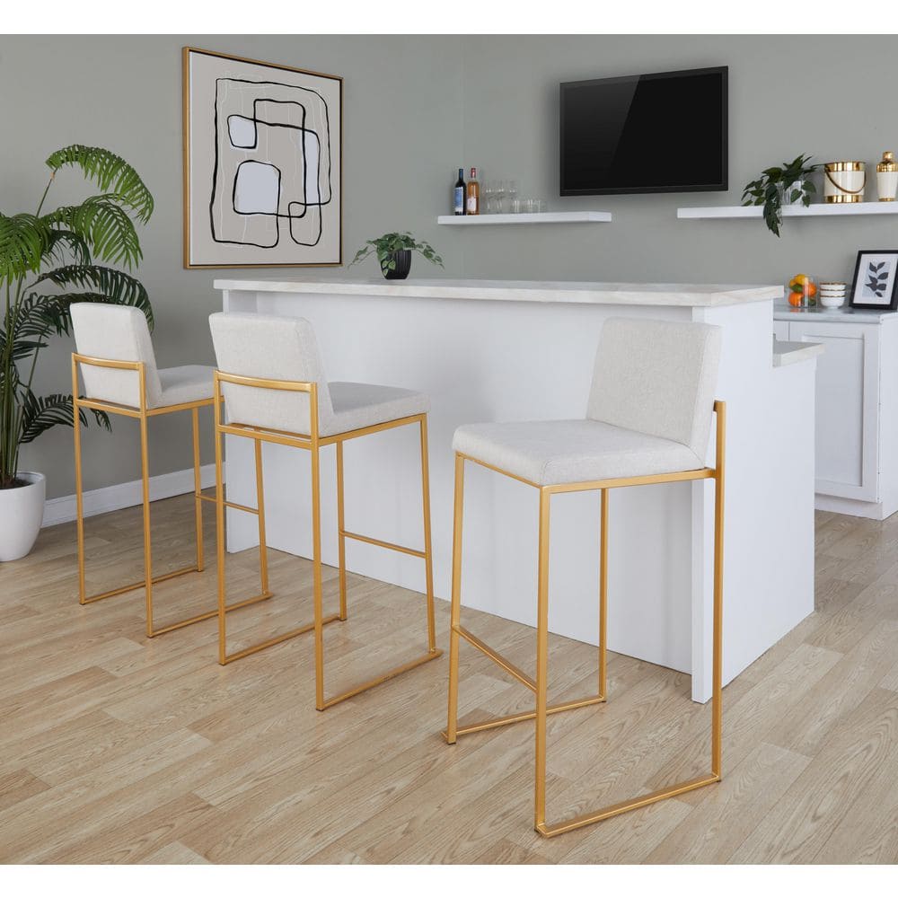 Fuji High Back 40.5 in. Beige Fabric and Gold Metal Fixed-Height Bar Stool (Set of 3) price history on PriceWatchPro