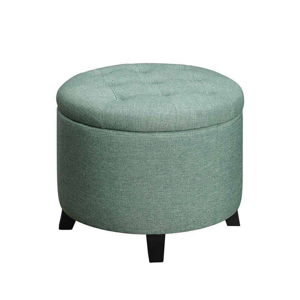 Green Tufted Round Storage Ottoman with Rubberwood Legs