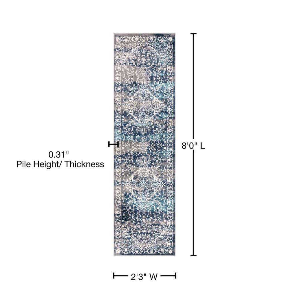 Navy and Light Grey Medallion Synthetic Runner Rug