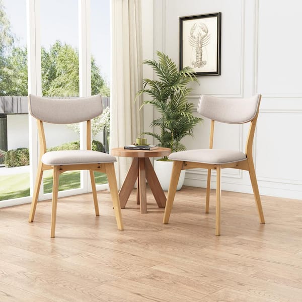 Light Beige Fabric Upholstered Dining Chairs with Natural Oak Finished Frame and Solid Wood Legs (Set of 2)