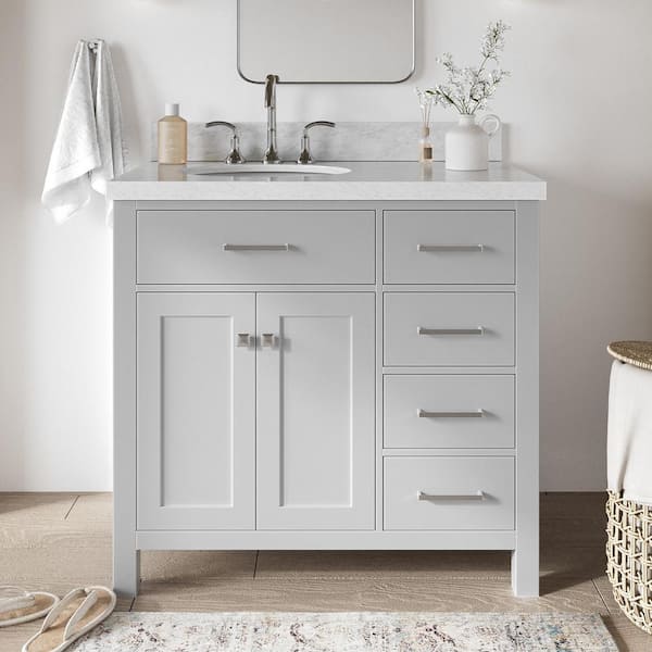 ARIEL Bristol 37 in. W x 22 in. D x 36 in. H Freestanding Bath Vanity in Grey with White Marble Top