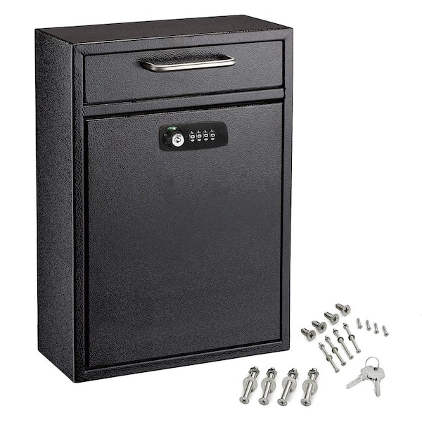 AdirOffice Large Steel Drop Box Wall Mounted Locking Drop Box Mailbox with Key and Combination lock, Black