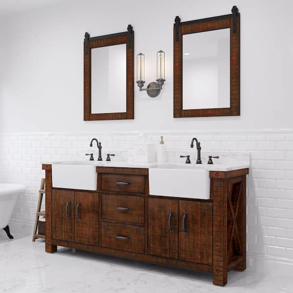 Water Creation Paisley 72 in. W x 22 in. D Vanity in Rustic Sienna with Marble Vanity Top in White with White Basin and Mirror
