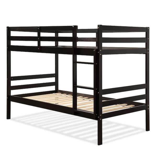 Coffee Hardwood Twin Bunk Bed with Fixed Ladder
