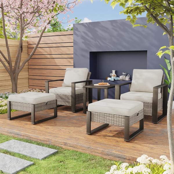 Brown 5-Piece Wicker Outdoor Patio Conversation Set Rectangular Frame w/ 4 in. Thick Beige Cushions and Table, Ottomans