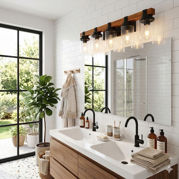 BAOURE 32 in. 5 Light Black Vanity Light with Glass Shades