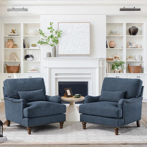 LUE BONA 39 in. W Blue Fabric Club Chair Filled with Goose Down and Foam Upholstered Accent Chair (Set of 2)