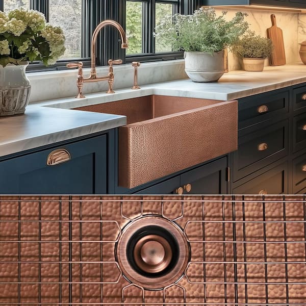 Luxury Medium Patina 12-Gauge Copper 33 in. Single Bowl Farmhouse Apron Kitchen Sink with Accs and Flat Front