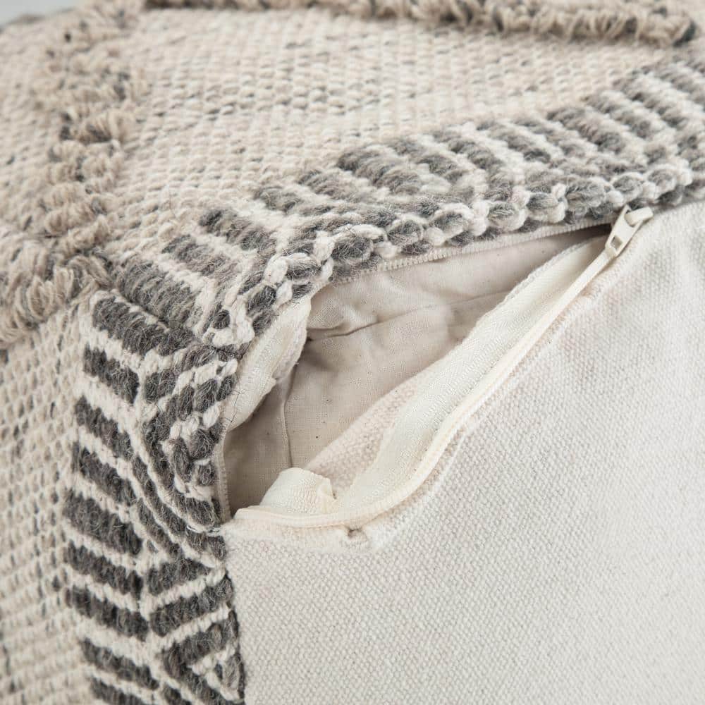 Sweeney Boho Handloom Woven Wool-Cotton Square Pouf in Grey Natural