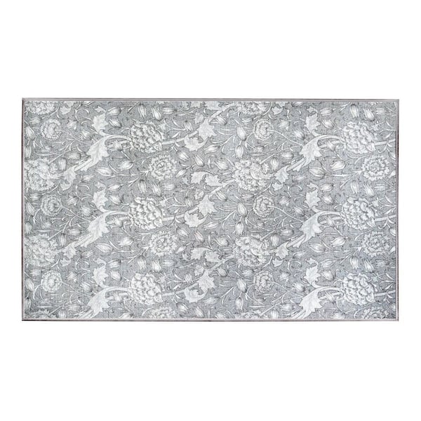 Kalini Grey 3 ft. x 5 ft. Washable Accent Floral Area Rug
