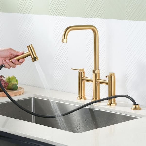 Elegant Brass Double Handle Bridge Kitchen Faucet with Side Sprayer, 59 in. Hose, and Supply Lines in Gold