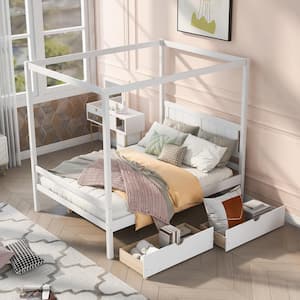 80 in. W White Full Size Canopy Platform Bed with 2-Drawers, with Slat Support Leg
