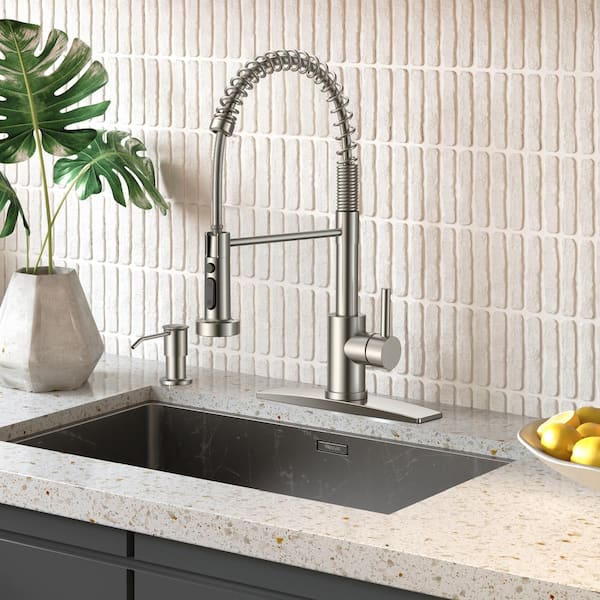 Single-Handle Pull Down Sprayer Kitchen Faucet with Soap Dispenser in Brushed Nickel