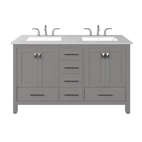 Eviva Aberdeen 60 in. Double Sink Gray Bath Vanity with White Carrara Quartz Top (Assembled)