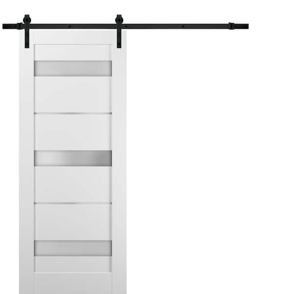 Sartodoors 18 in. x 84 in. 3-Panel 3 Lite Frosted Glass White Finished Solid Pine MDF Sliding Barn Door with Hardware Kit