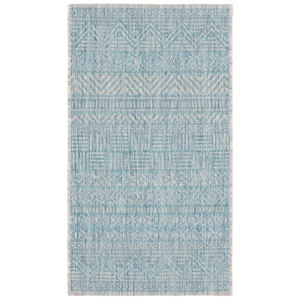 SAFAVIEH Courtyard Light Gray/Aqua 3 ft. x 5 ft. Striped Tribal Chevron Indoor/Outdoor Area Rug