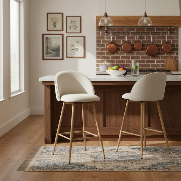 Haseeb 26 in. Modern Swivel Upholstered Counter Height Bar Stool with Curved Back Ivory White Fabric/Oak Legs (Set of 2)