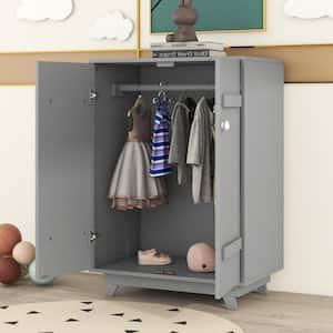 Gray Wood 31.5 in. 2-Door Wardrobe Armoire with Hanging Rod for Kids