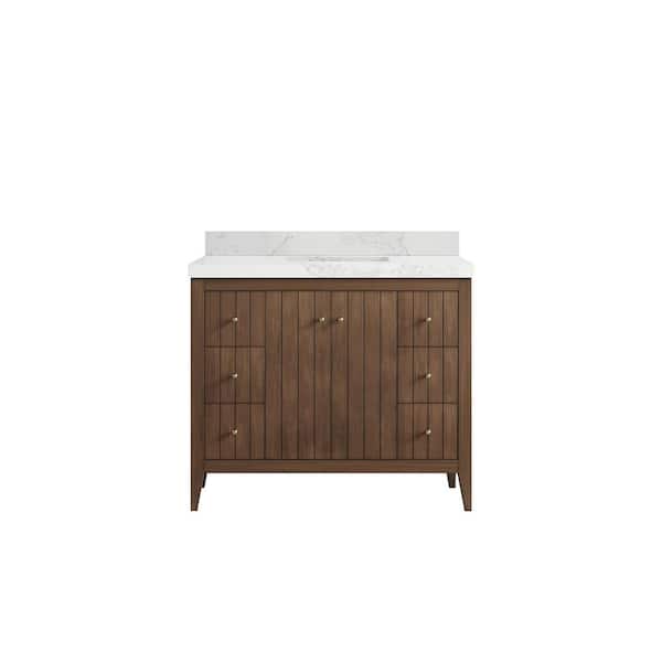 Willow Collections Atlanta Teak 42 in. Single Sink Freestanding Dark Natural Bath Vanity with Calacatta Nuvo Qt. Top Unassembled