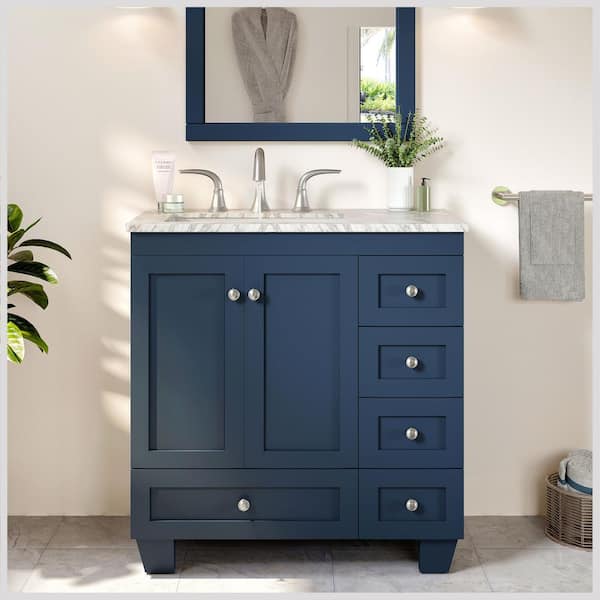 Eviva Acclaim 30 in. W x 22 in. D x 34 in. H Bath Vanity in Blue with White Carrara Marble Vanity Top with White Sink