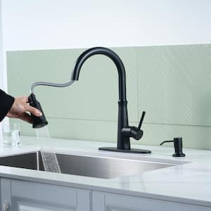 Single Handle Pull Down Sprayer Kitchen Faucet with 3-Function Sprayer and Soap Dispenser in Matte Black