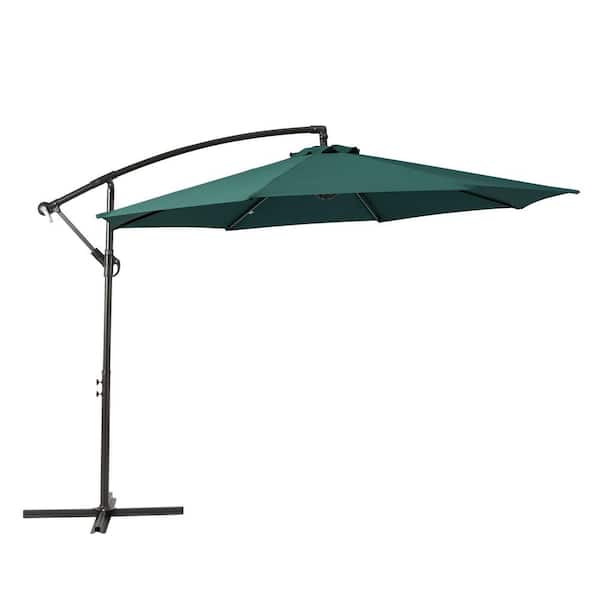 Bayshore Outdoor 10 ft. Hanging Offset Cantilever Patio Umbrella with Easy Crank Lift and Cross Base in Dark Green