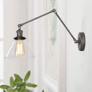 Adjustable 1-Light Black Plug-In or Hardwire Modern Industrial Swing Arm Wall Sconce with Clear Glass Shade