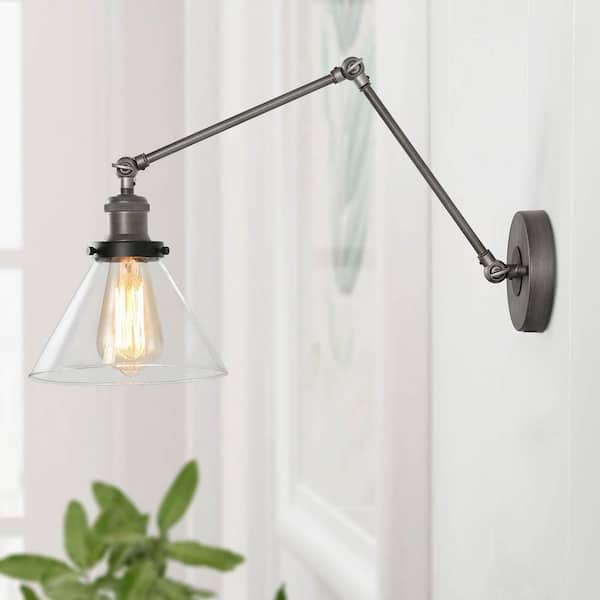 Lnc Adjustable 1 Light Black Plug In Or Hardwire Modern Industrial Swing Arm Wall Sconce With Clear Glass Shade A03467 The Home Depot - Home Depot Wall Sconce Plug In