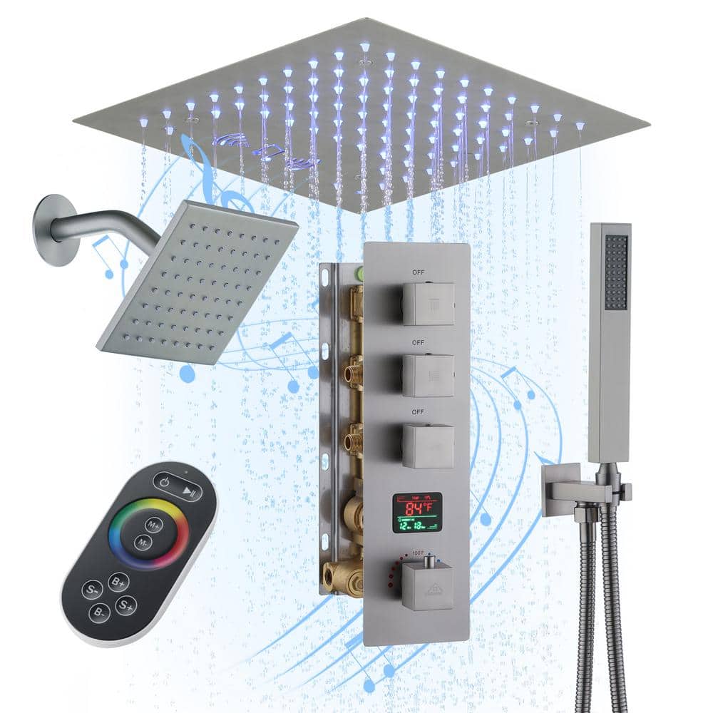 Brushed Nickel Dual Shower Head System with LED and Bluetooth