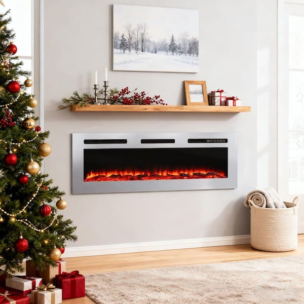 50 in. Wall Mounted and Recessed Electric Fireplace Insert with Stainless Steel Surface and 12 Flame Colors