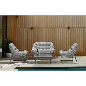 Gray 4-Piece Wicker Patio Conversation Set with Gray Cushions
