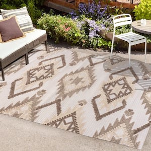 Sumak High-Low Pile Neutral Diamond Kilim Brown/Ivory 5 ft. x 8 ft. Indoor/Outdoor Area Rug