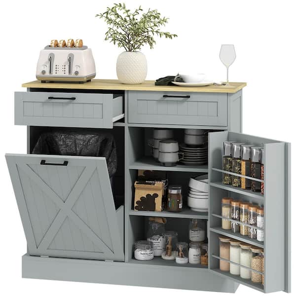 Gray 39.4 in. Pantry Organizer Sideboard with Tilt Out Trash Can, Shelves and Spice Rack
