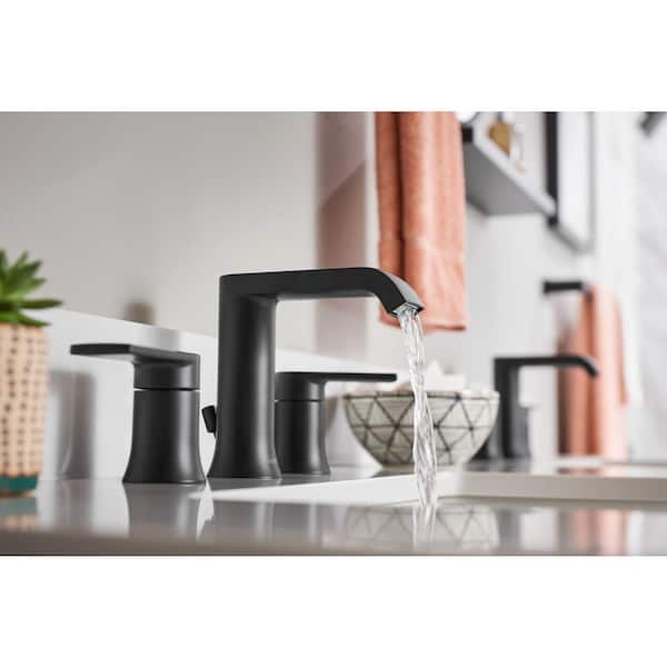 Genta 8 in. Widespread Double Handle Bathroom Faucet with Hand Towel Bar and Drain Kit in Matte Black (Valve Included)