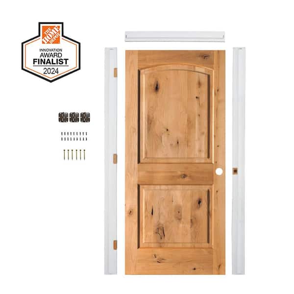 DIY 28 in. x 80 in. Arch Top Knotty Alder Wood Left-Hand Clear Stain Single Interior Door Kit w/ Quick Assemble Jamb