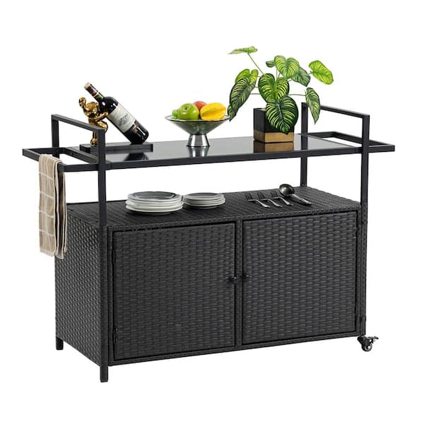 ITOPFOX Patio Wicker Bar Cart, Wine Serving Cart with Wheels, Rolling Rattan Beverage Bar Counter Table with Glass Top, Black