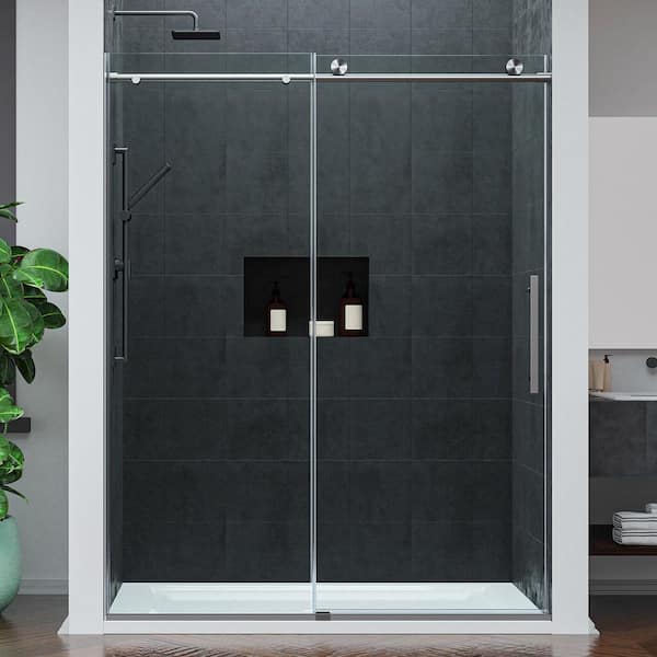 Mountain 60 in. Reversible Frameless Sliding Deco-Glass Shower Door with Soft-Close System and Chrome Finish
