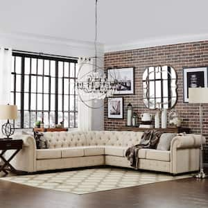 117 in. 7-Seat Linen L-Shaped Chesterfield Beige Sectional Sofa