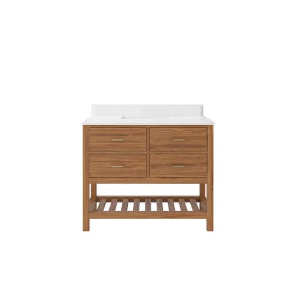 Willow Collections Parker Teak 42 in. W x 22 in. D x 36 in. H Single Sink Bath Vanity in Golden Teak with 1.5 in. White Qt. Top