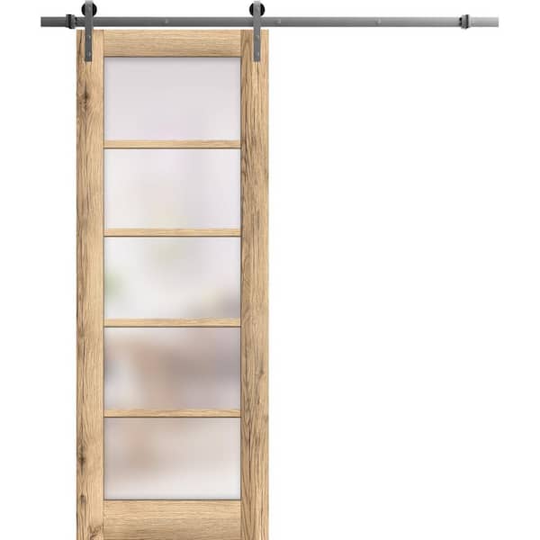 36 in. x 80 in. 1 Panel Frosted Glass Oak Wood Sliding Barn Door with Hardware Kit