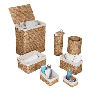 7-Piece Water Hyacinth Woven Bath Accessory Set in Natural/White