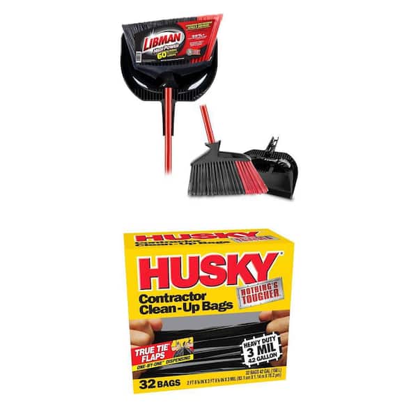 High Power Indoor/Outdoor Angle Broom and Dustpan Set and 42 Gal. Heavy Duty Clean-Up Bags (32-Count)