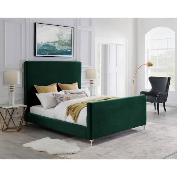 Inspired Stefania Hunter Green Queen Size Velvet Platform Bed - Home