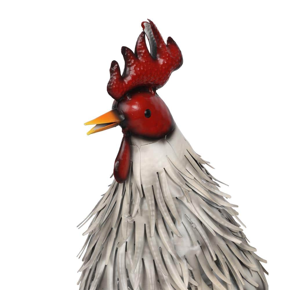 Lifelike White and Red Metal Rooster Garden Statue